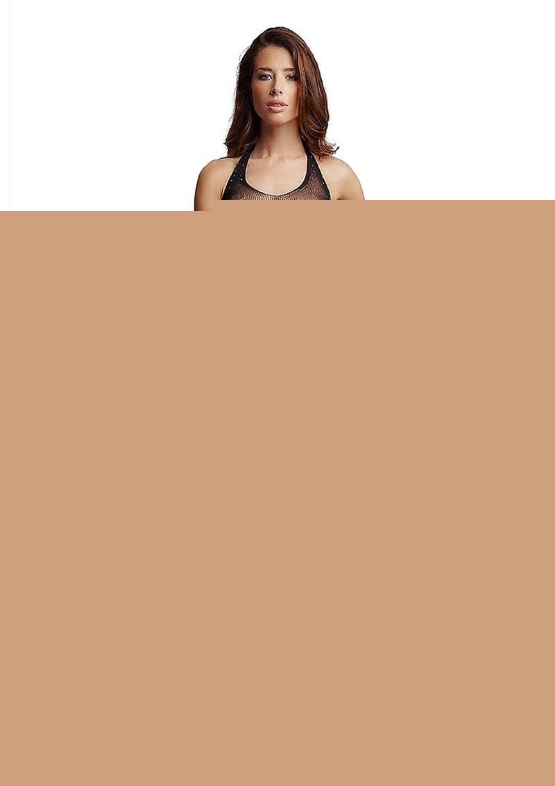 Le Desir Crotchless Rhinestone Halter Teddy - Black - One Size