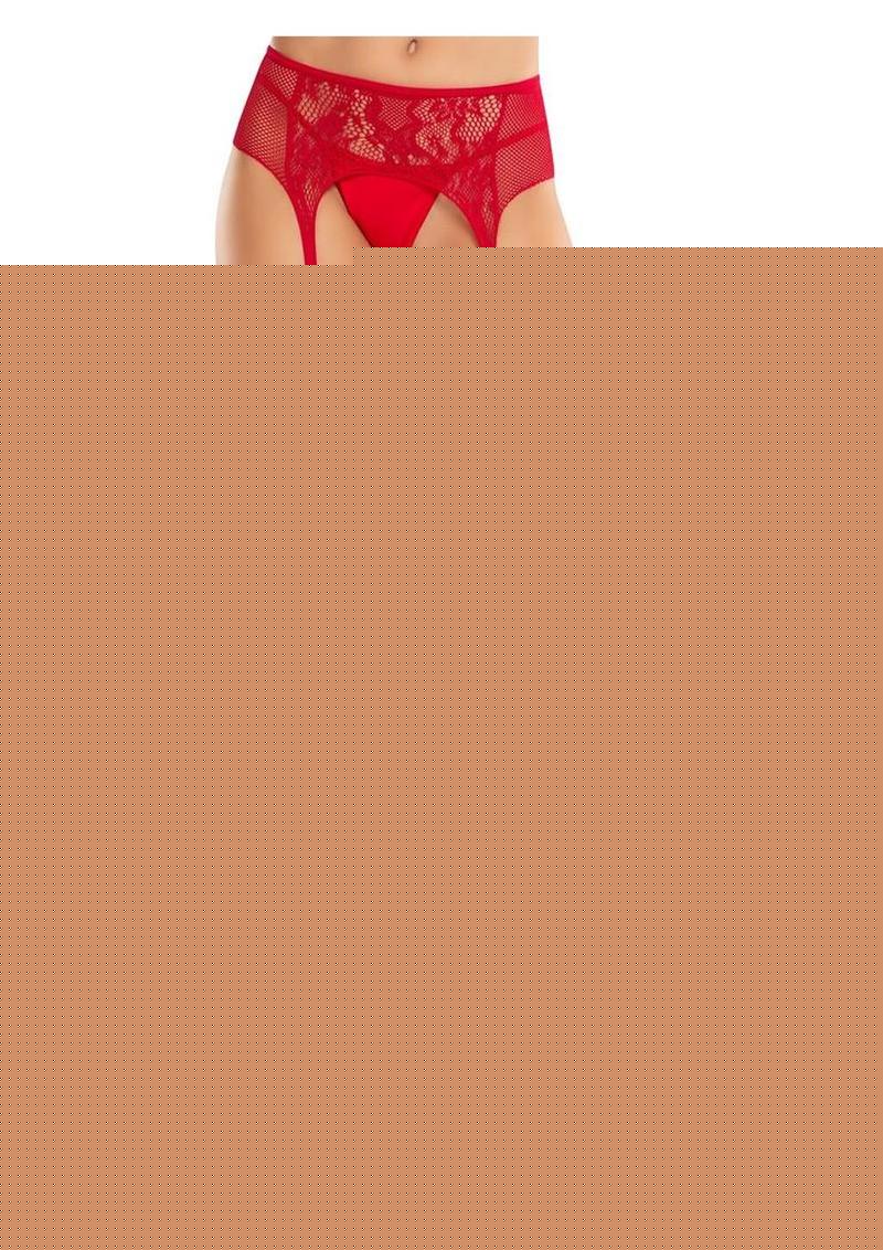 Leg Avenue Bloom Net Stockings with Cut-Out Thigh Detail and Attached Garter Belt - Red - One Size