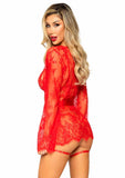 Leg Avenue Eyelash Lace Garter Teddy with G-String Back and Adjustable Straps, Lace Robe and Ribbon Tie - Red - Large - 3 Pieces