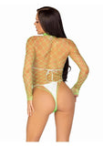 Leg Avenue Fence Net Snap Crotch Long Sleeved Bodysuit - Green - One Size