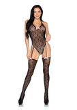 Leg Avenue Mini Heart Trimmed Heart Net Teddy with Attached Stockings