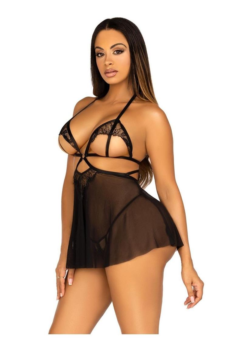 Leg Avenue Open Cup Eyelash Lace and Mesh Babydoll with Heart Ring Accent and Matching Panty - Black - Medium