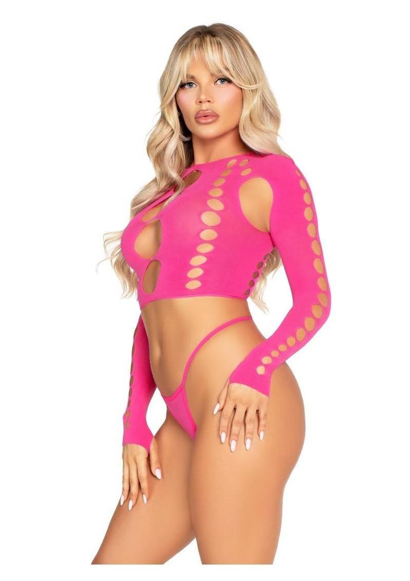 Leg Avenue Seamless Cut Out Long Sleeve Crop Top and G-String Panty - Pink - One Size