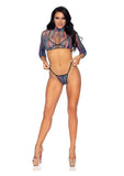 Leg Avenue Striped Fishnet Bikini Top, G-String Panty, and Long Sleeved Crop Top