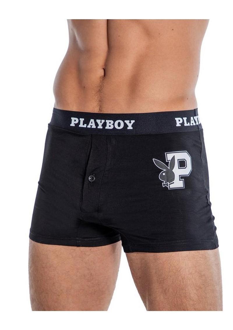 Playboy Mens Varsity Boxer Briefs - Black/White - 1xlarge - Black/White - XLarge