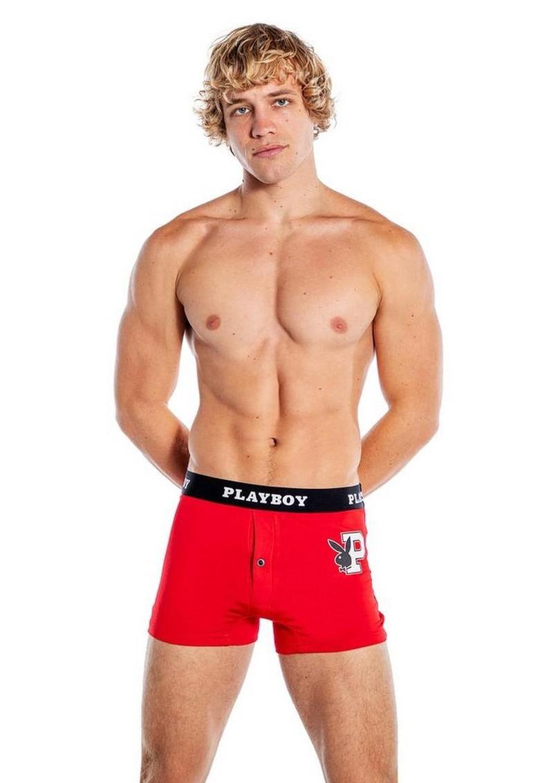 Playboy Mens Varsity Boxer Briefs - Red/White - Large