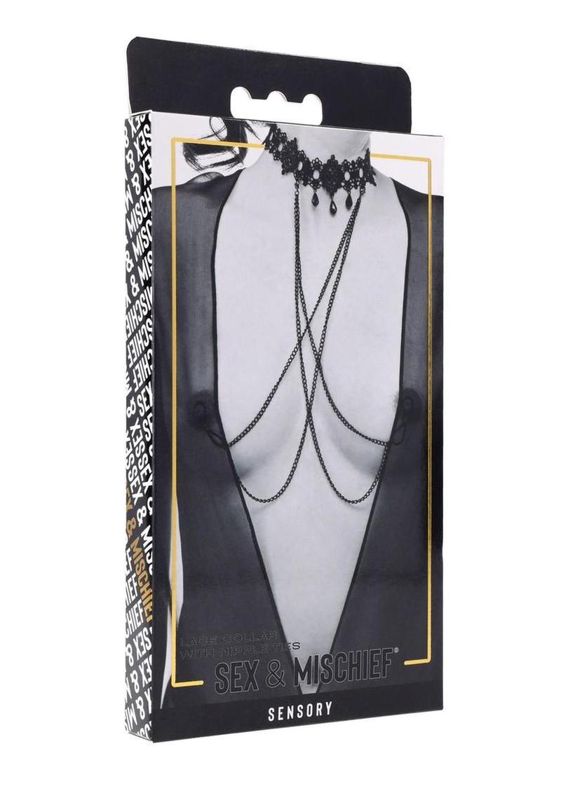 Sex and Mischief Lace Collar with Nipple Ties - Black