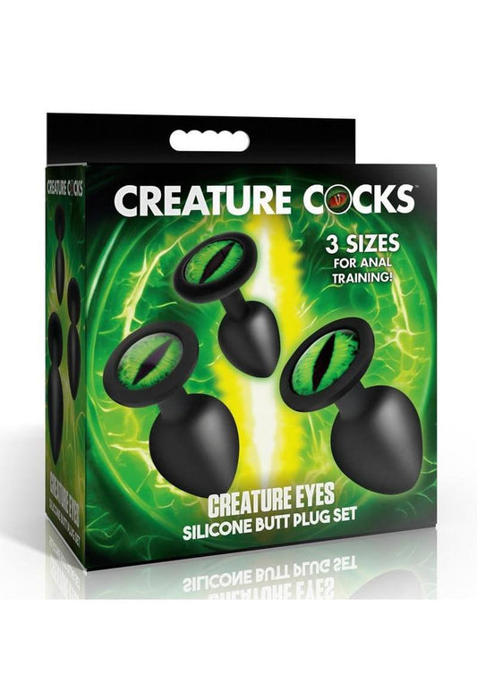 Creature Cocks Green Eye Silicone Butt Plug - Black/Green - 3 Piece/Set
