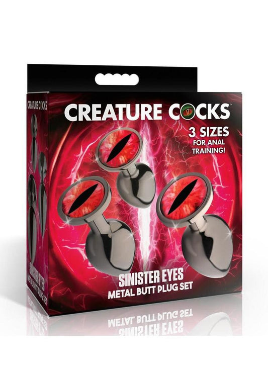 Creature Cocks Red Eye Metal Butt Plug - Black/Metal/Red - 3 Piece/Set