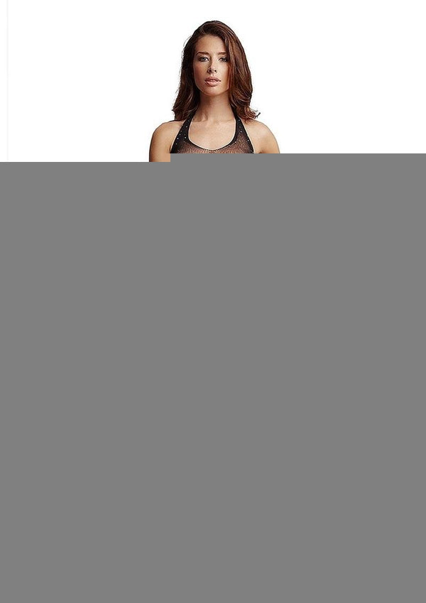 Le Desir Crotchless Rhinestone Halter Teddy - Black - One Size