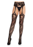 Leg Avenue Bloom Net Stockings with Cut-Out Thigh Detail and Attached Garter Belt - Black - One Size