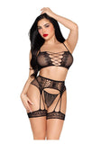 Leg Avenue Dotted Net Bra Top with Heart Detail, G-String Panty, and Matching Garter Harness - Black - One Size - 3 Piece