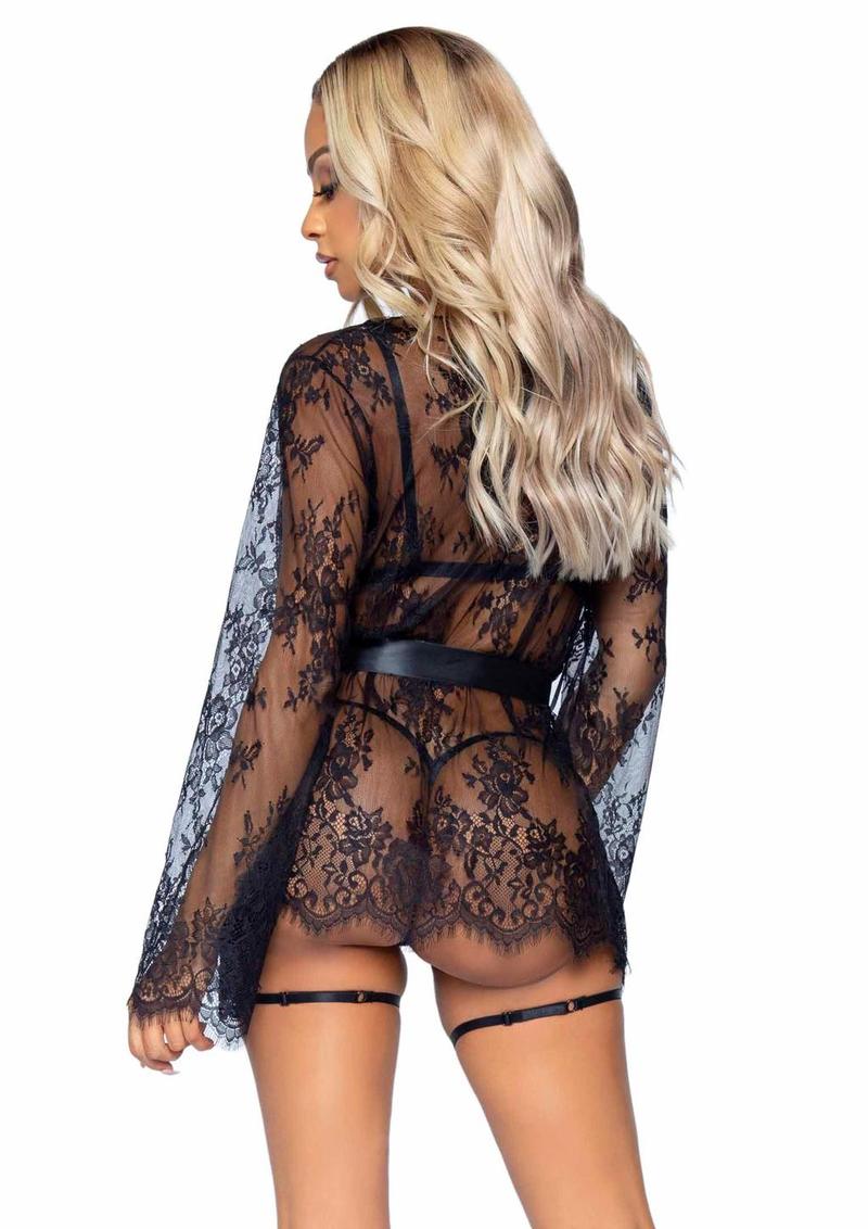 Leg Avenue Eyelash Lace Garter Teddy with G-String Back and Adjustable Straps, Lace Robe and Ribbon Tie - Black - Medium - 3 Piece