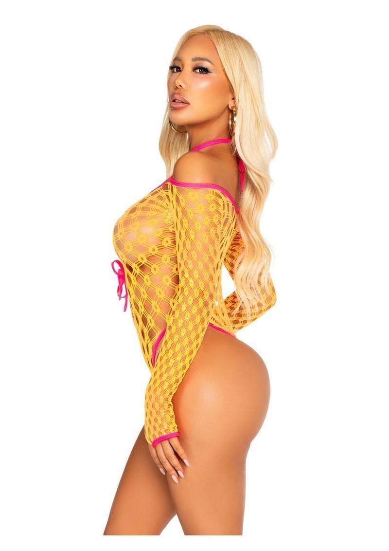 Leg Avenue Eyelet Net Teddy with Tie-Front Keyhole Detail - One Size