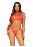 Leg Avenue Fence Net Snap Crotch Long Sleeved Bodysuit - Red - One Size