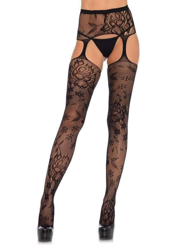 Leg Avenue Floral Lace Stockings with Attached High Waist Garter Belt - Black - One Size