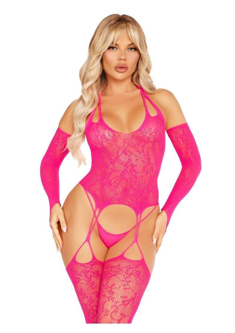 Leg Avenue Lace Halter Footless Cami Garter with Attached Toe Loop Stockings and Arm Warmers - Pink - One Size