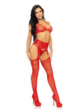 Leg Avenue Rhinestone Lace Bra Top, G-String, and Fishnet Garter Belt Stocking - Red - One Size - 3 Piece