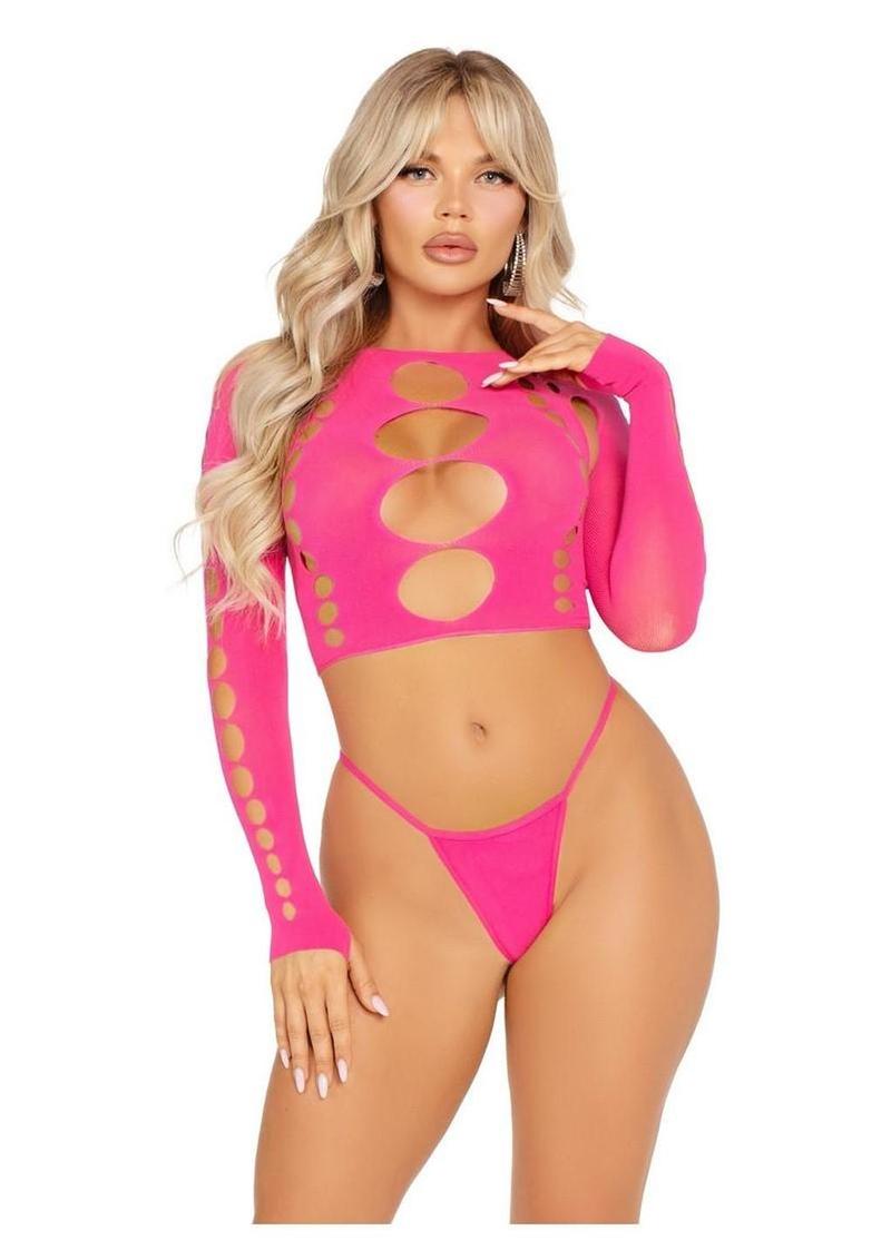 Leg Avenue Seamless Cut Out Long Sleeve Crop Top and G-String Panty - Pink - One Size