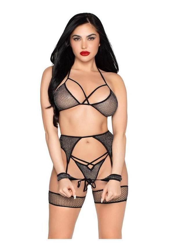 Leg Avenue Shimmer Net Bra Top, G-String Panty, Garter Harness and Wrist Ties - Black/Silver - One Size - 4 Piece