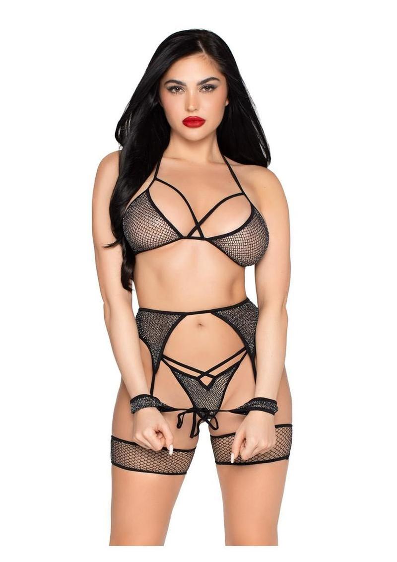 Leg Avenue Shimmer Net Bra Top, G-String Panty, Garter Harness and Wrist Ties - Black/Silver - One Size - 4 Piece