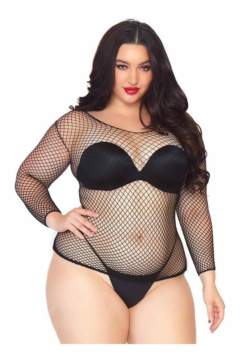 Leg Avenue Spandex Long Sleeved Industrial Net Shirt - Black - 1x-2x