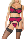 Pink Pussycat Plaid Bra, Garter Belt and G-String - Black/Pink - Medium
