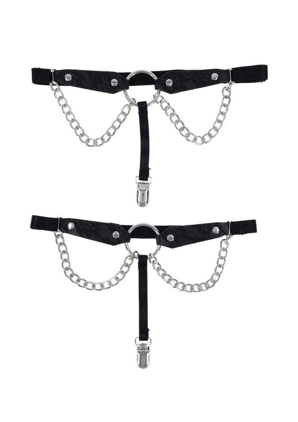 Sex and Mischief Chain Lace Garters - Black/Silver