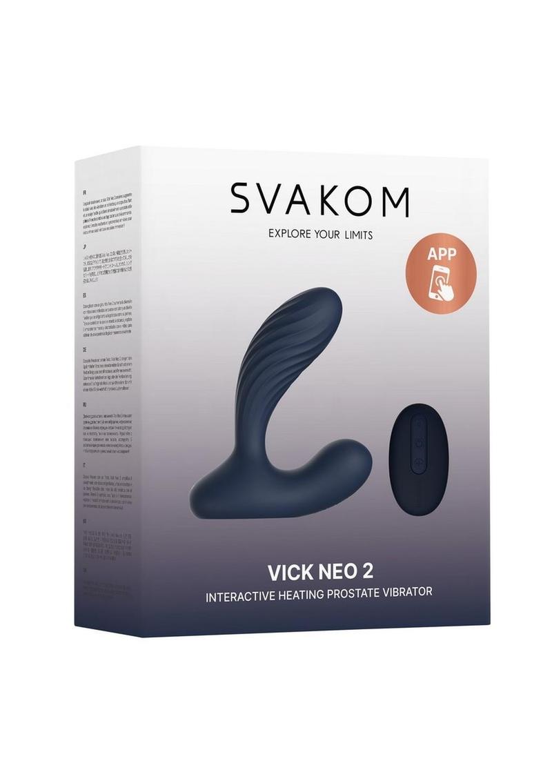Svakom Vick Neo 2 App Compatible Rechargeable Silicone Warming Dual Stimulating Prostate Vibrator with Remote Control - Blue/Gold/Navy Blue